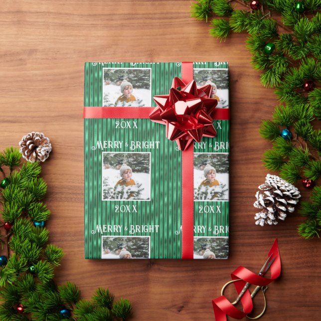 Papier Cadeau Joyeux et brillant Photo vert bande métallique (Cadeau de vacances)