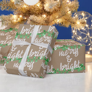 Papier Cadeau Joyeux et vert brillant Feux d'arbre de Noël Kraft