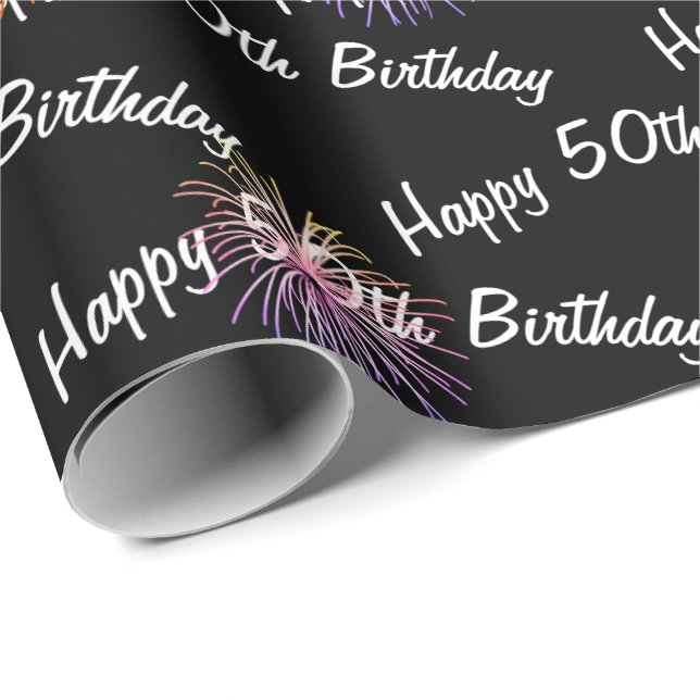 Papier Cadeau Joyeux feu d'artifice du 50e anniversaire sur noir (Coin rond)