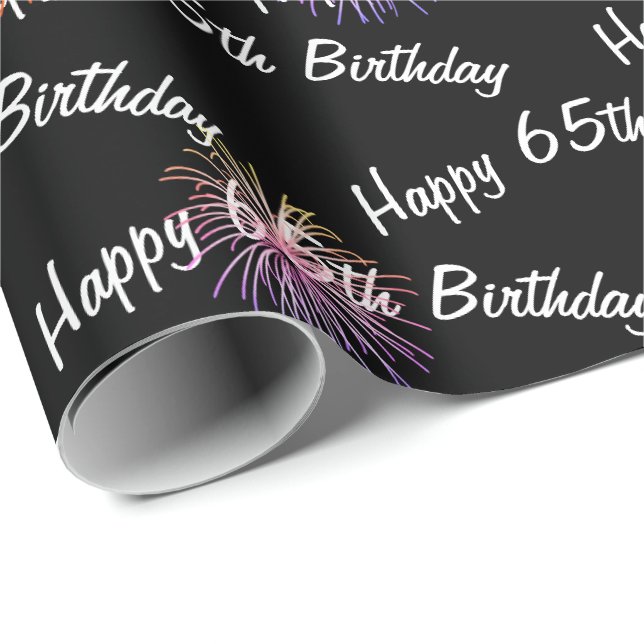 Papier Cadeau Joyeux feu d'artifice du 65e anniversaire sur noir (Coin rond)