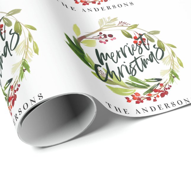 Papier Cadeau Joyeux feuillage d'aquarelle de Noël (Coin rond)