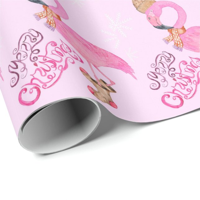 Papier Cadeau Joyeux Flamant rose d'aquarelle de Noël (Coin rond)