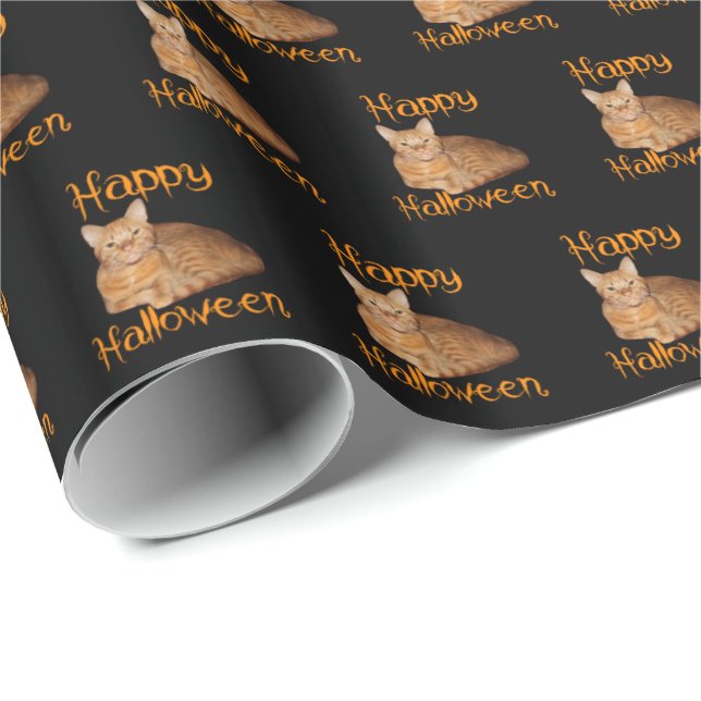 Papier Cadeau Joyeux Halloween non effrayant Tabby orange chat (Coin rond)