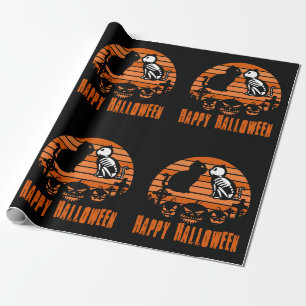 Papier Cadeau Joyeux Halloween Skeleton Chat Retro Sunset