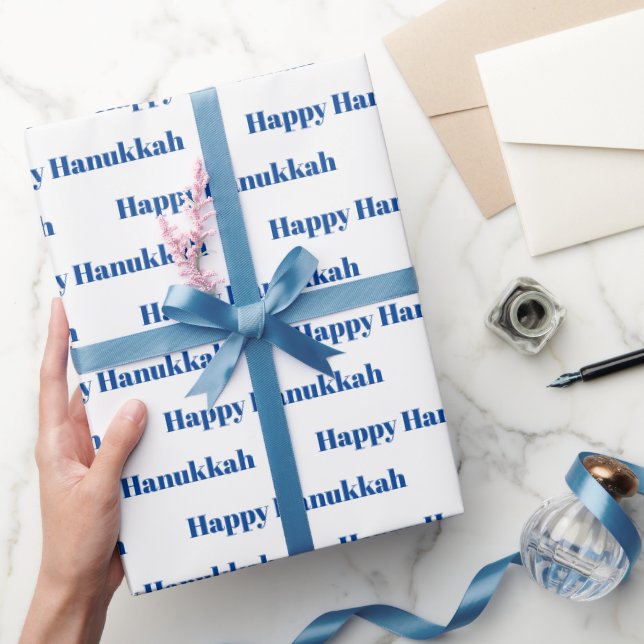 Papier Cadeau Joyeux Hanoukka blanc et bleu motif moderne (Cadeaux)