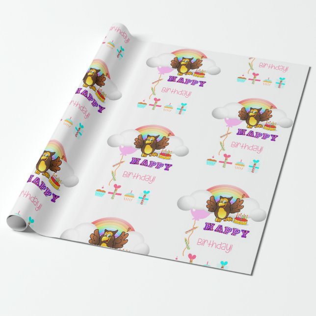 Papier Cadeau Joyeux hibou de papier d'enveloppement d'anniversa (Déroulé)