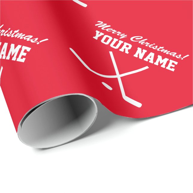Papier Cadeau Joyeux joueur de hockey rouge de Noël (Coin rond)
