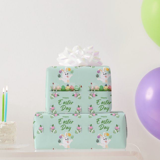 Papier Cadeau Joyeux jour de Pâques - Drôle lapin et oeufs Pâque (Cadeaux de fête)