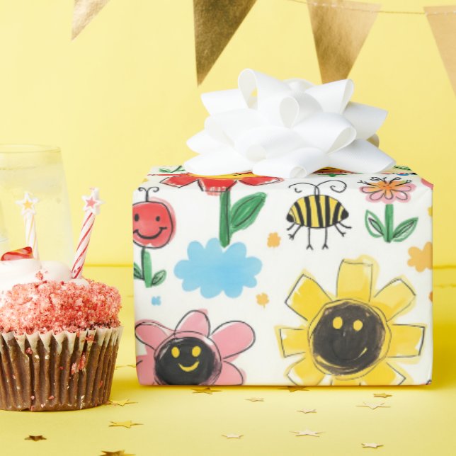 Papier Cadeau Joyeux jours - Fleur joyeuse et Motif d'amis (Fête d'anniversaire)