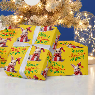 Papier Cadeau Joyeux lapin de Noël jaune