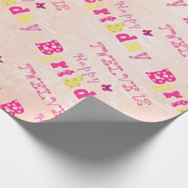 Papier Cadeau Joyeux mignon 12e anniversaire rose jaune (Coin)