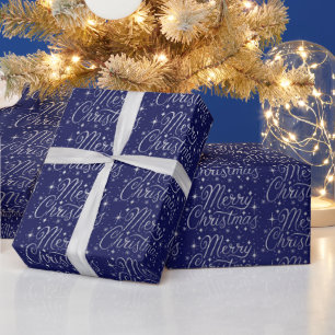 Papier Cadeau Joyeux Motif de Noël bleu et argent