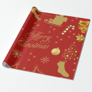 Papier Cadeau Joyeux motif de Noël rouge et or