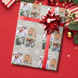 Papier Cadeau Joyeux Noël 4 Collage Photo Nom de famille Taupe