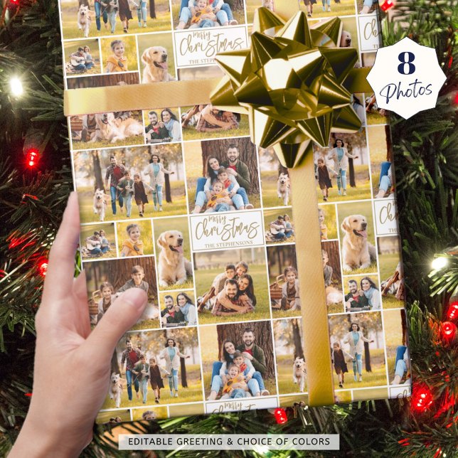 Papier Cadeau Joyeux Noël 8 Photo Collage Or Personnalisé (Créateur téléchargé)