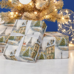 Papier Cadeau Joyeux Noël à Paris aquarelle Tour Eiffel 