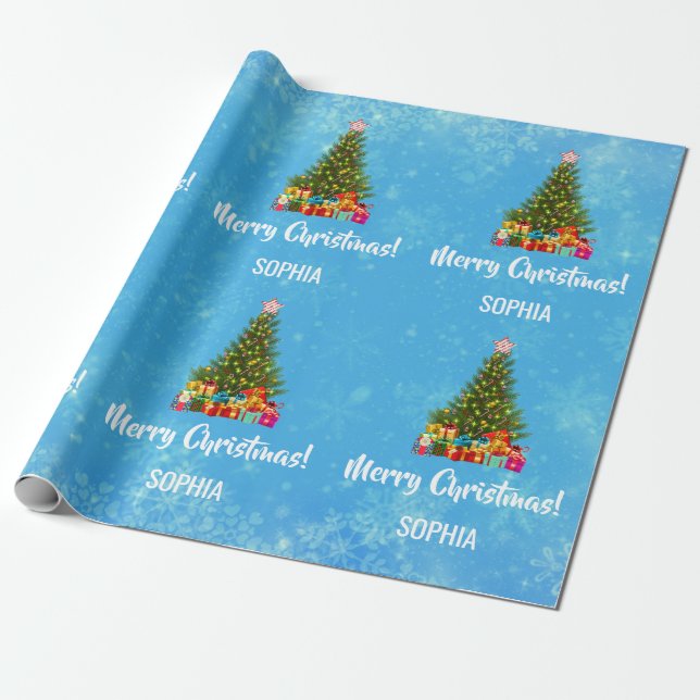 Papier Cadeau Joyeux Noël Arbre Baubles Lumières Personnalisé (Déroulé)