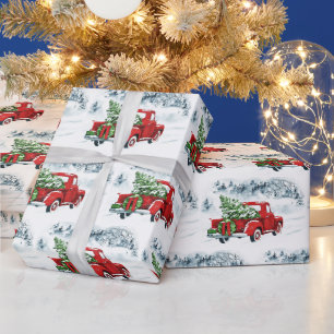Papier Cadeau Joyeux Noël Arbre Rouge Ferme Truck Holiday