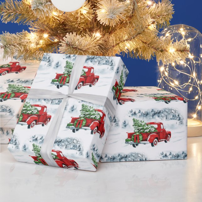 Papier Cadeau Joyeux Noël Arbre Rouge Ferme Truck Holiday (Vacances)
