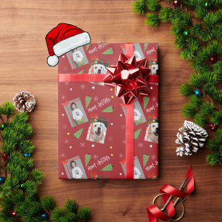Papier Cadeau Joyeux Noël Arbre Snowflakes avec photos en rouge