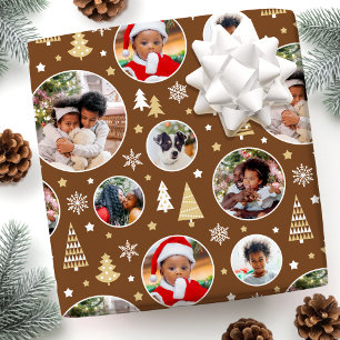 Papier Cadeau Joyeux Noël Arbres Snowflakes Photo Brown