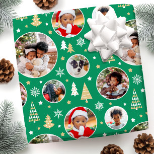 Papier Cadeau Joyeux Noël Arbres Snowflakes Photo Mid Green