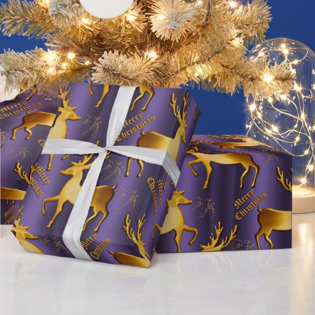 Papier Cadeau Joyeux Noël aux rennes pourpres et dorés (Vacances)