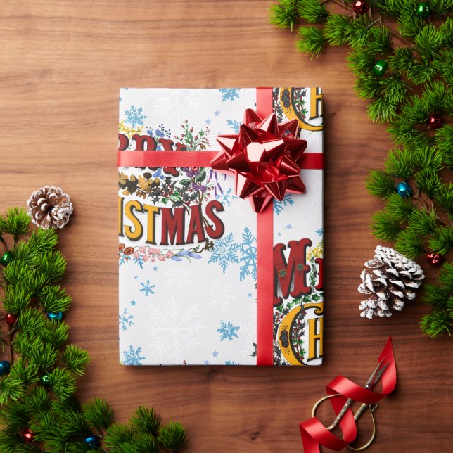 Papier Cadeau Joyeux Noël avec des flocons de neige bleu glace (Cadeau de vacances)