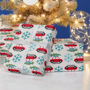 Papier Cadeau Joyeux Noël avec un arbre vintage de voiture pré