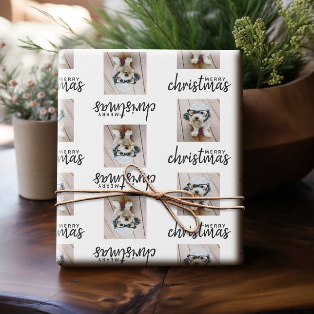 Papier Cadeau Joyeux Noël avec une photo Carré - blanc (Personalized Photo Wrapping Paper)