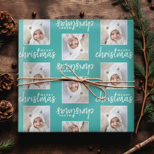 Papier Cadeau Joyeux Noël avec une photo Carré - bleu