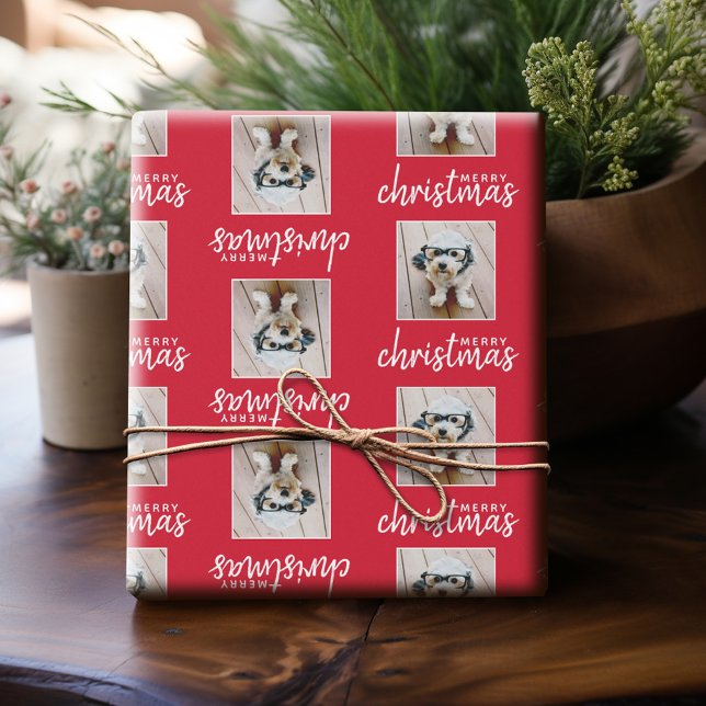 Papier Cadeau Joyeux Noël avec une photo Carré - rouge (Personalized Photo Wrapping Paper)