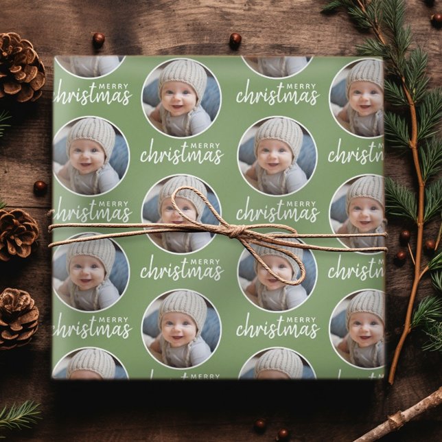 Papier Cadeau Joyeux Noël avec une photo en un cercle - vert (Personalized Christmas Wrapping Paper - Add your Photo for a festive gift!)