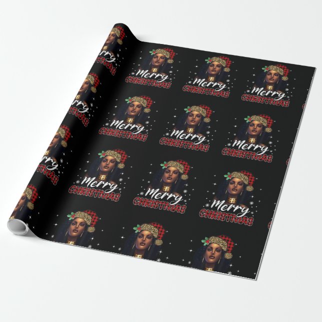 Papier Cadeau Joyeux Noël Black Women Africaine Santa Hat Leop (Déroulé)