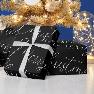 Papier Cadeau Joyeux Noël blanc texte manuscrit, noir