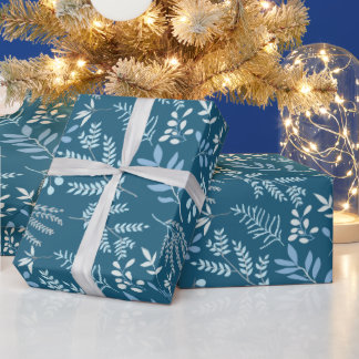 Papier Cadeau Joyeux Noël Bleu Botanique d'hiver