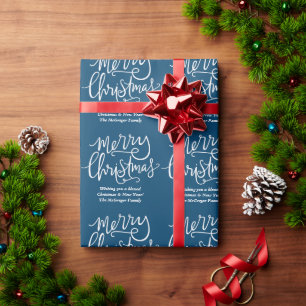 Papier Cadeau Joyeux Noël bleu et blanc Nom de famille