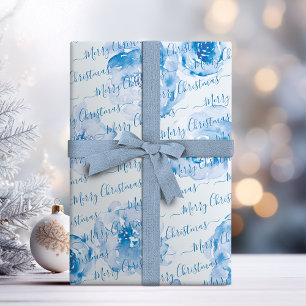 Papier Cadeau Joyeux Noël bleu personnalisé Script floral