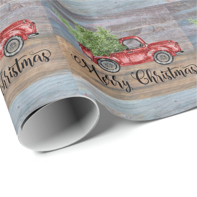 Papier Cadeau Joyeux Noël Bois Rustique Et Chariot Rouge (Coin rond)