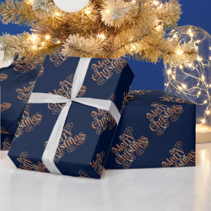 Papier Cadeau Joyeux Noël Brillant Swirl Or Texte Bleu foncé