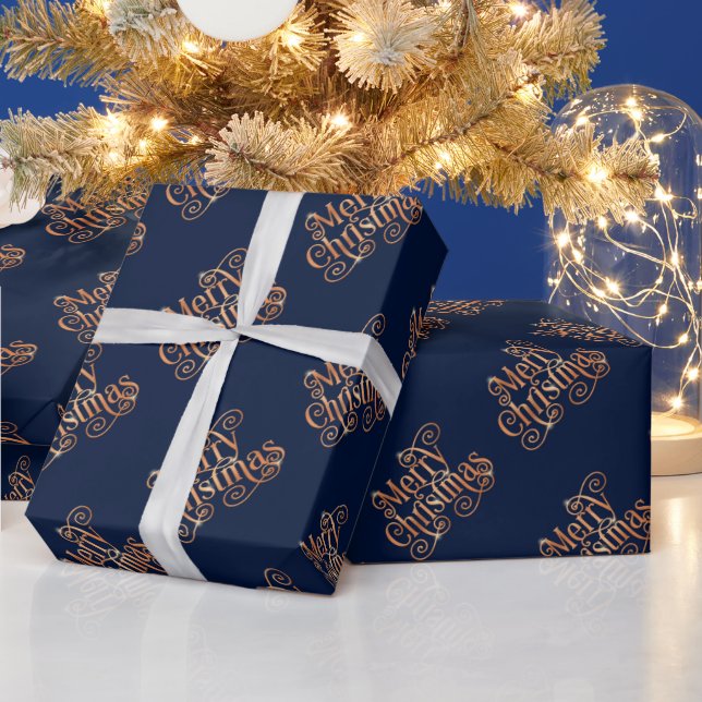 Papier Cadeau Joyeux Noël Brillant Swirl Or Texte Bleu foncé (Vacances)