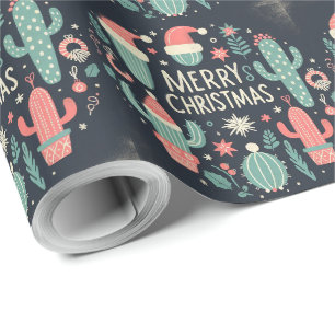 Papier Cadeau Joyeux Noël cactus en pot Santa 