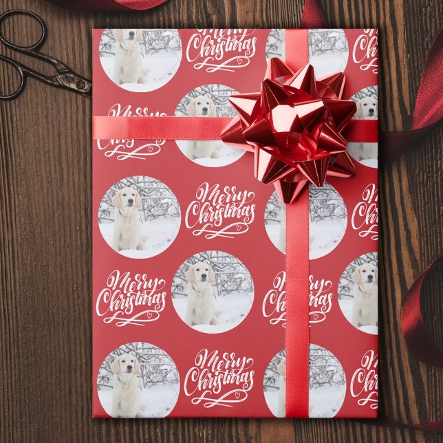 Papier Cadeau Joyeux Noël Calligraphie ronde photo rouge (Créateur téléchargé)