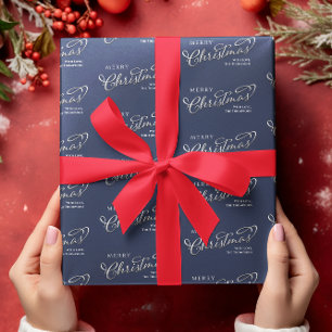 Papier Cadeau Joyeux Noël Calligraphie Script Marine Blue Cute