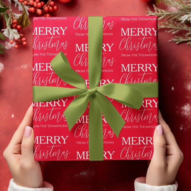 Papier Cadeau Joyeux Noël Calligraphie Script Rouge Whimsical (Merry Christmas calligraphy script custom wrapping paper. )