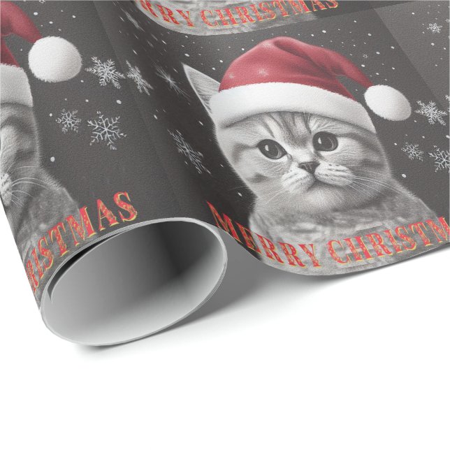 Papier Cadeau Joyeux Noël Chat à air court britannique, Père Noë (Coin rond)