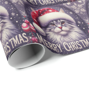 Papier Cadeau Joyeux Noël Chat Sibérien, Noël Père Noël Kitten
