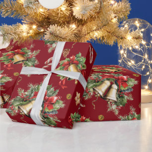 Papier Cadeau Joyeux Noël Cloches Holly Berries Pinecones Rouge