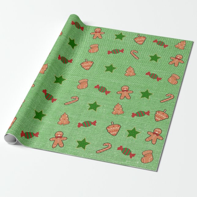 Papier Cadeau Joyeux Noël Cute Chaussettes Bonbons Étoiles Verte (Déroulé)