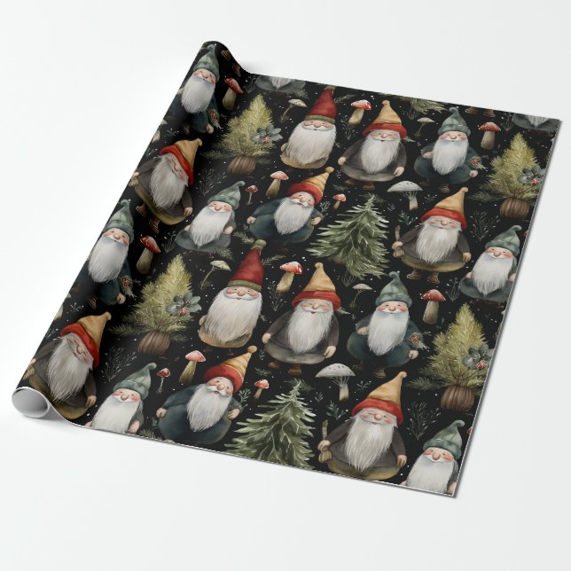 Papier Cadeau Joyeux Noël de bois Gnomes Enveloppement Papier (Déroulé)